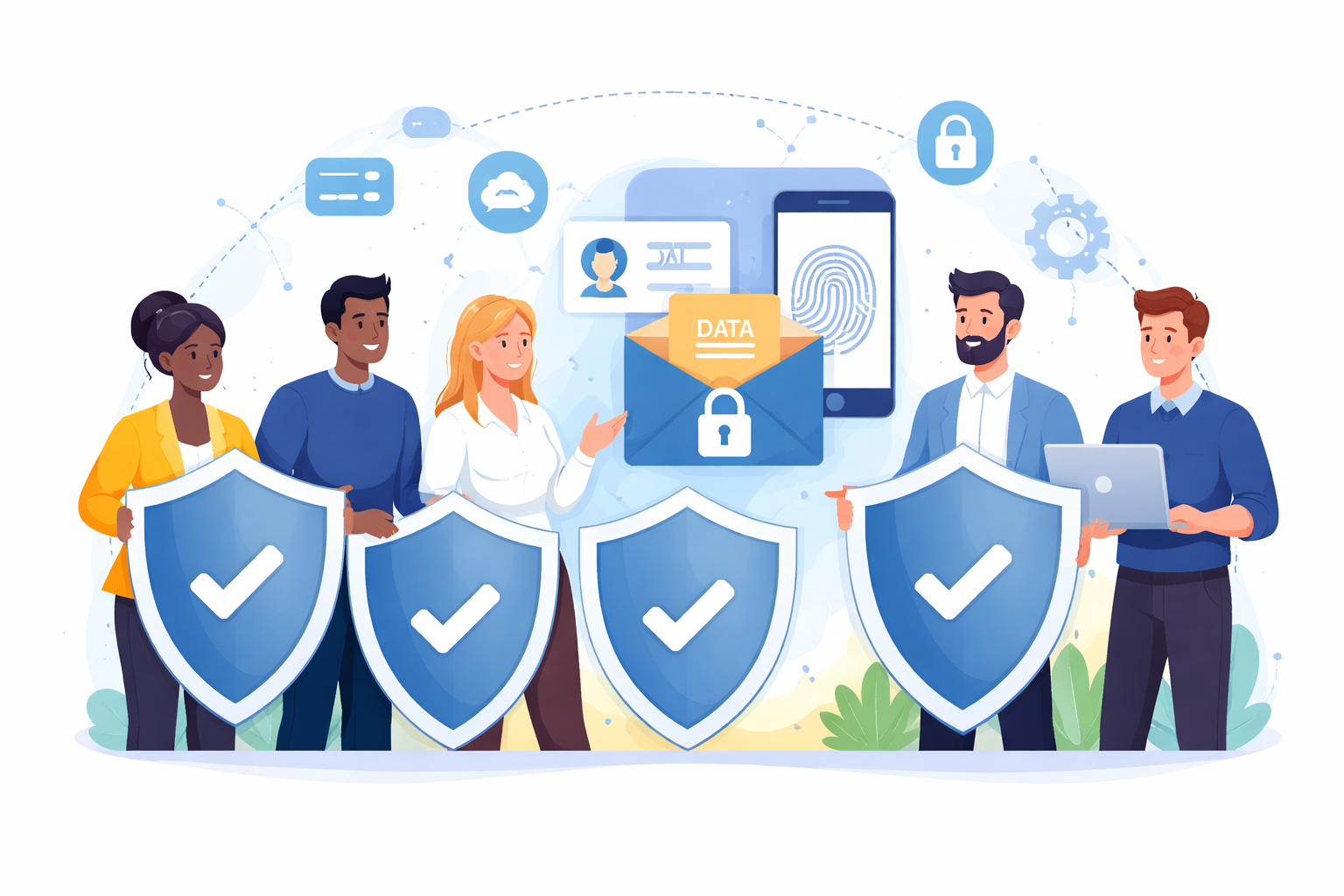 Team standing behind shields protecting customer data