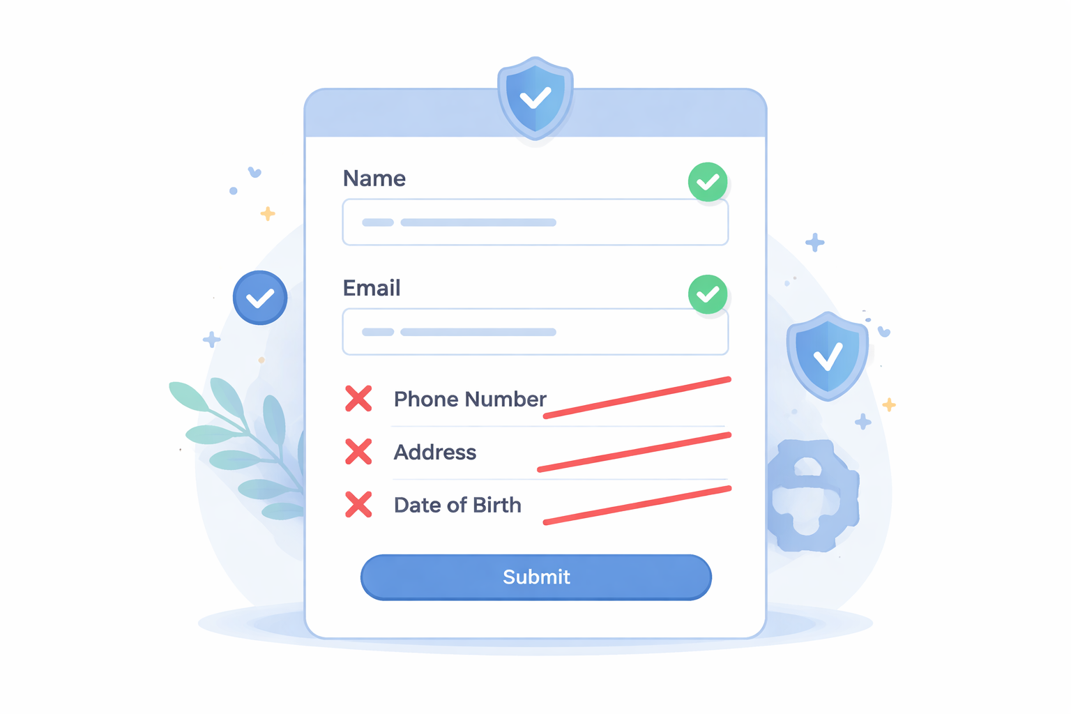 Form with unnecessary fields crossed out to show data minimization
