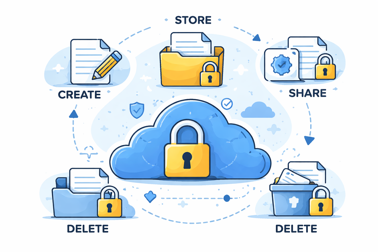 Cloud storage showing encrypted data lifecycle from create to delete